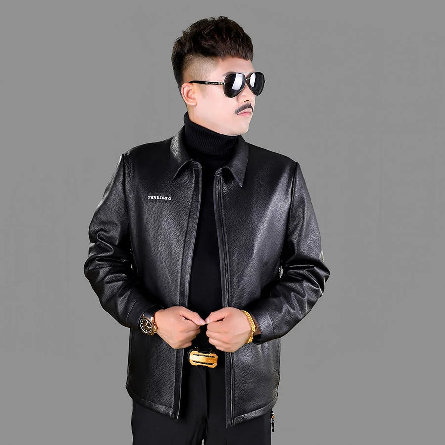 

Haining 2021 New Authentic First Layer Natural Deer Leather Jacket Men's Leather Jacket Lapel Single Leather Middle-aged Jacket