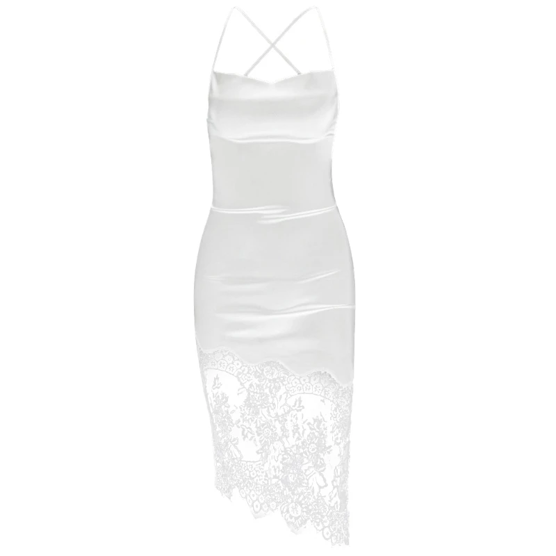 

Женское атласное платье миди на бретелях-спагетти с открытой спиной кружевное лоскутное асимметричное облегающее платье с накладными ресн...