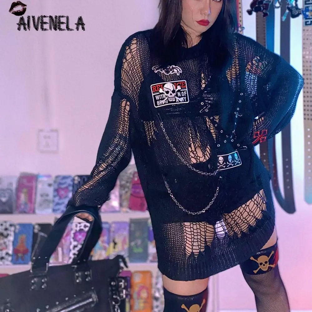 Женский свитер в стиле Харадзюку готический трикотажный панк-рок с крупными