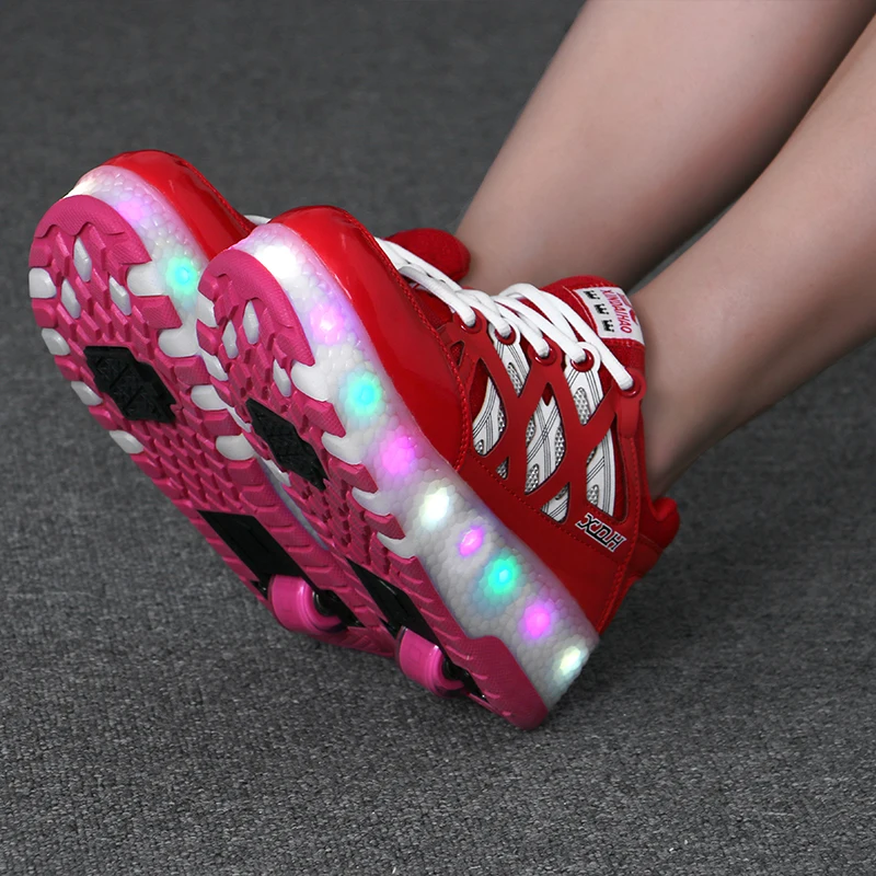 Two Wheels Luminous Sneakers Led Light Roller Skate Shoes for Children Kids Boys Girls Up Unisex Red Blue | Детская одежда и обувь