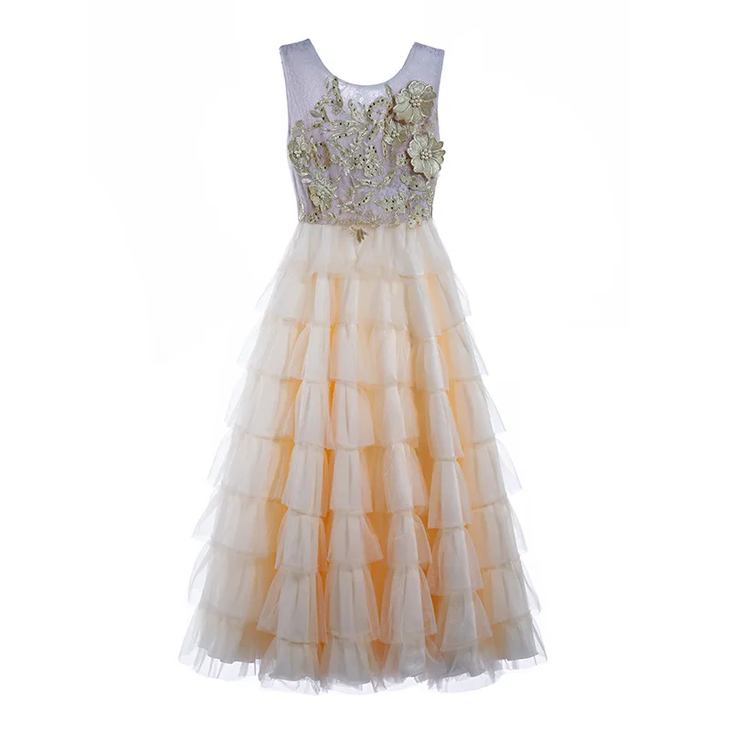 

Catwalk Host Communion Costumes Long Layered Girl Dress Prom Dress Champagne Luxury Evening Birthday Party Children Cute Floral