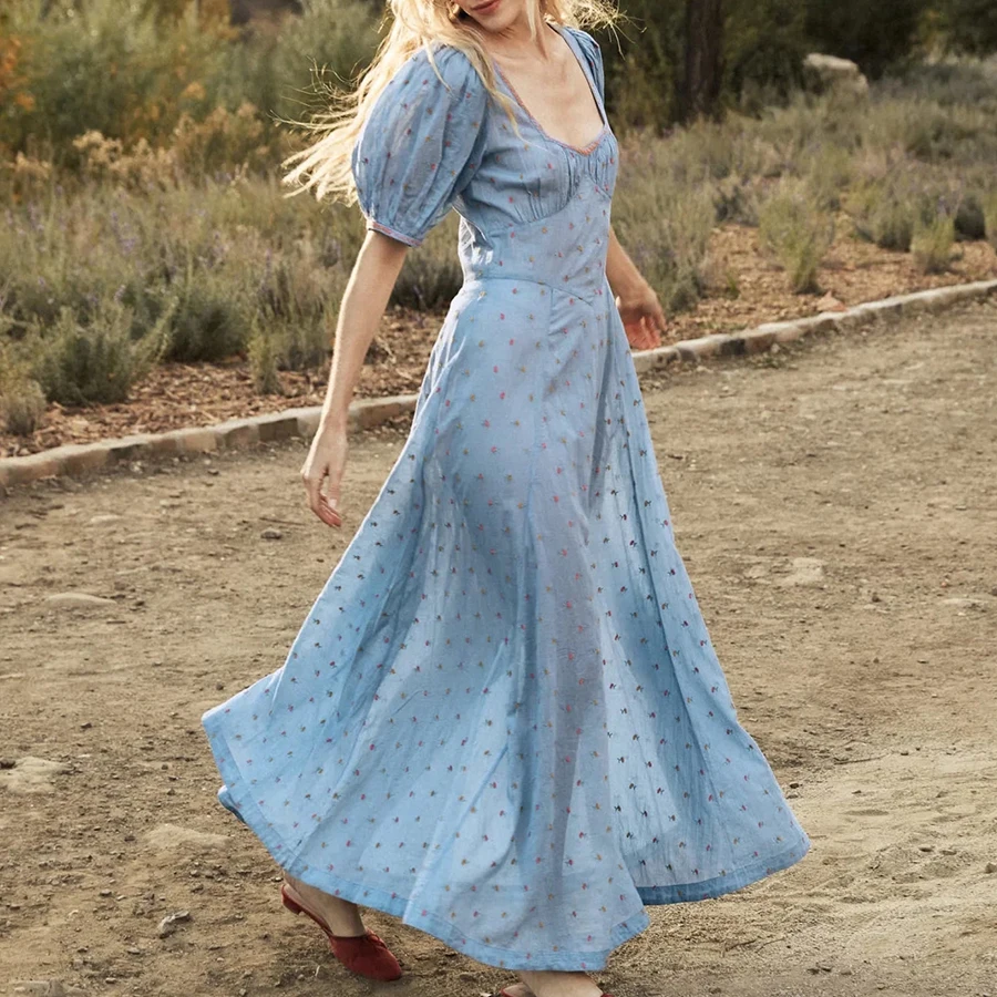 Платье-макси GypsyLady с цветочной вышивкой синее хлопковое летнее праздничное