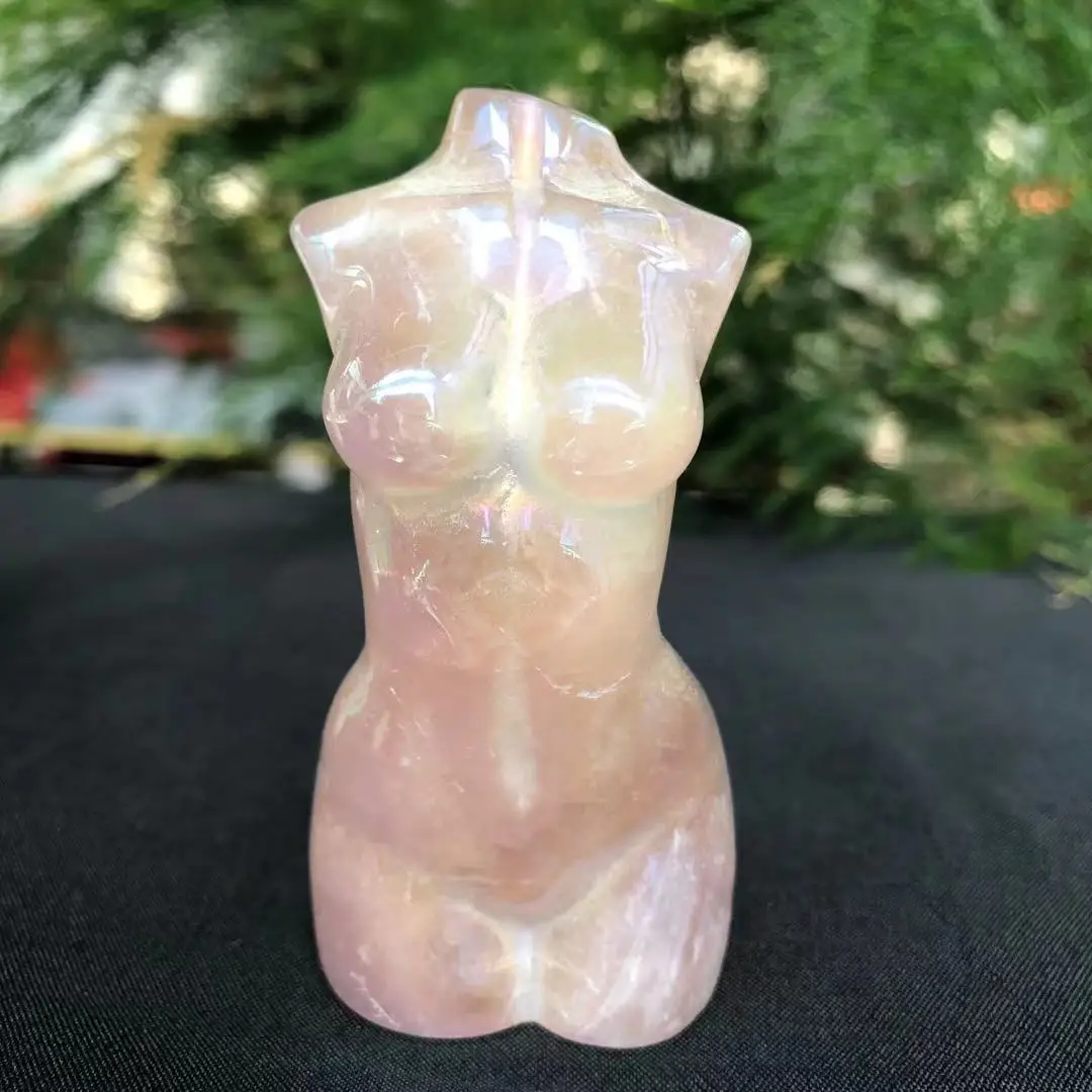 

75-78mm Natural Rose Quartz Gold plated Goddess Statue Crystal Carved Woman Torso Energy Pink Gem Body Sculpture Decorate Gift