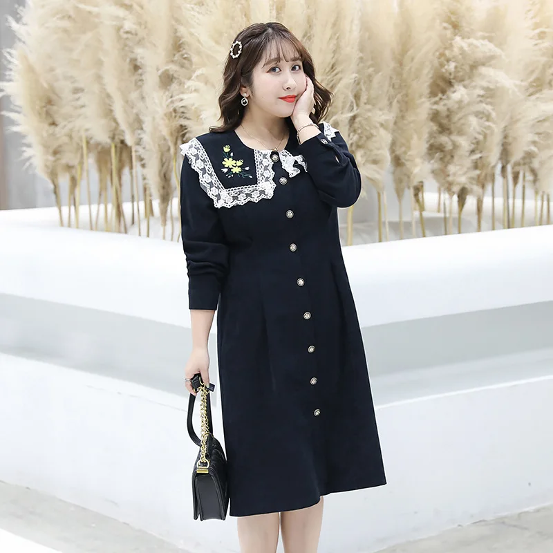 

Woman Spring Dress Plus Size Black Casual Peter Collar Embroidery Elegant Work Dresses Lady Party Beach Dress 4XL