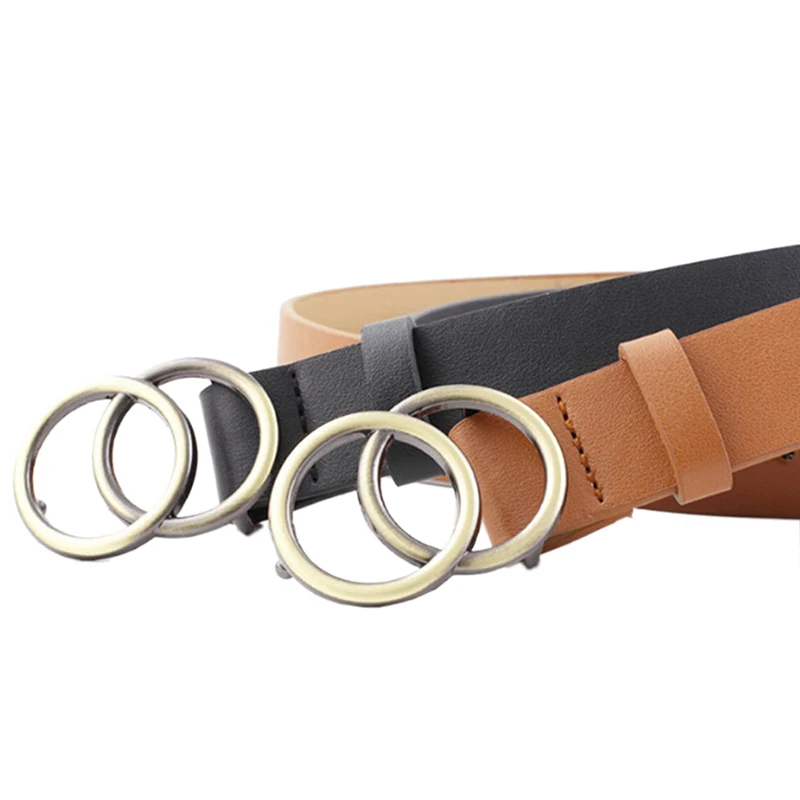 Женский кожаный ремень с круглой металлической двойной пряжкой для джинсов |