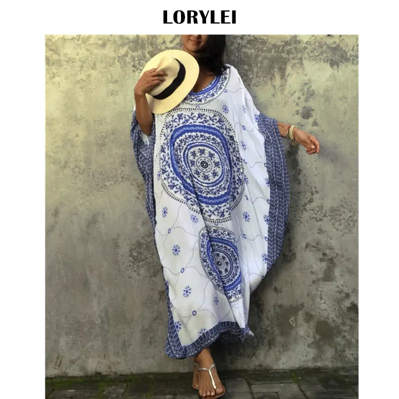 

Женское пляжное платье большого размера, длинное Хлопковое платье с индийским этническим принтом, разрезом по бокам и полурукавами, летняя ...