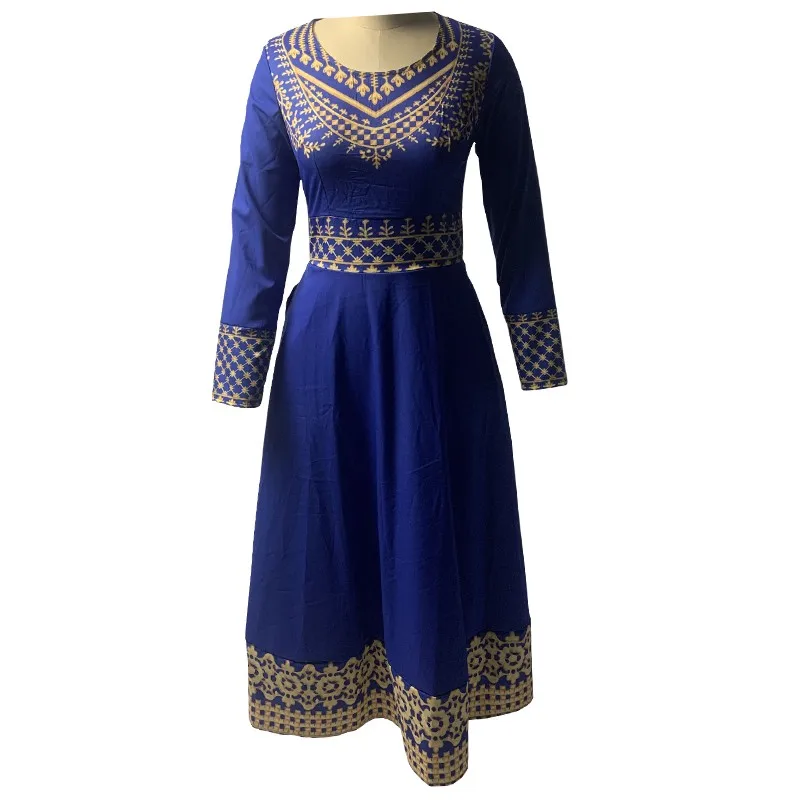 

Vintage Full Sleeve Dress Women 2021 Autumn Female Casual O-neck Collar High Wasit Nation Print Maxi Long Ball Gown Dresses 5XL