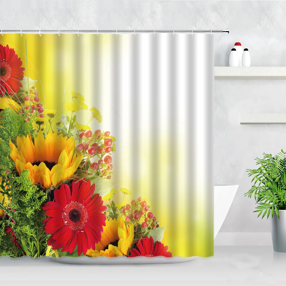 

Rural Plants Floral Waterproof Bathroom Curtains Yellow Sunflower Red Flowers Autumn Scenery Fabric Shower Curtain Hooks Screens
