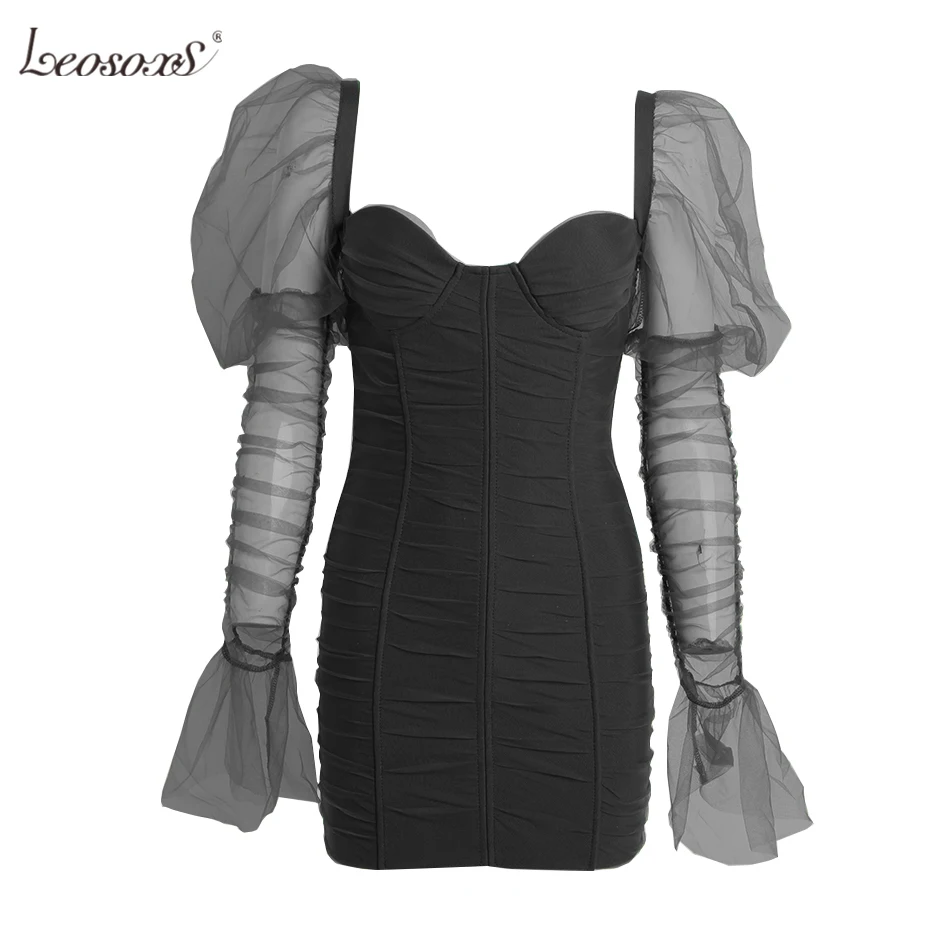 

2021 New Autumn Green Black Mini Dress Women'S V-Neck Long Sleeve Sexy Ladies Dress Retro Bodycon Party Dress Elegant Vestidos