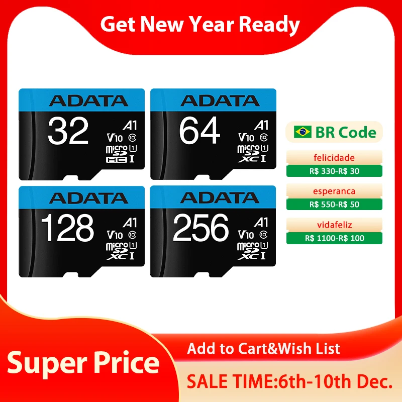 

ADATA Micro SD Card 32GB High Speed V10 Memory Card A1 64GB 128GB 256GB Class 10 U1 UHS-I Microsd TF Card