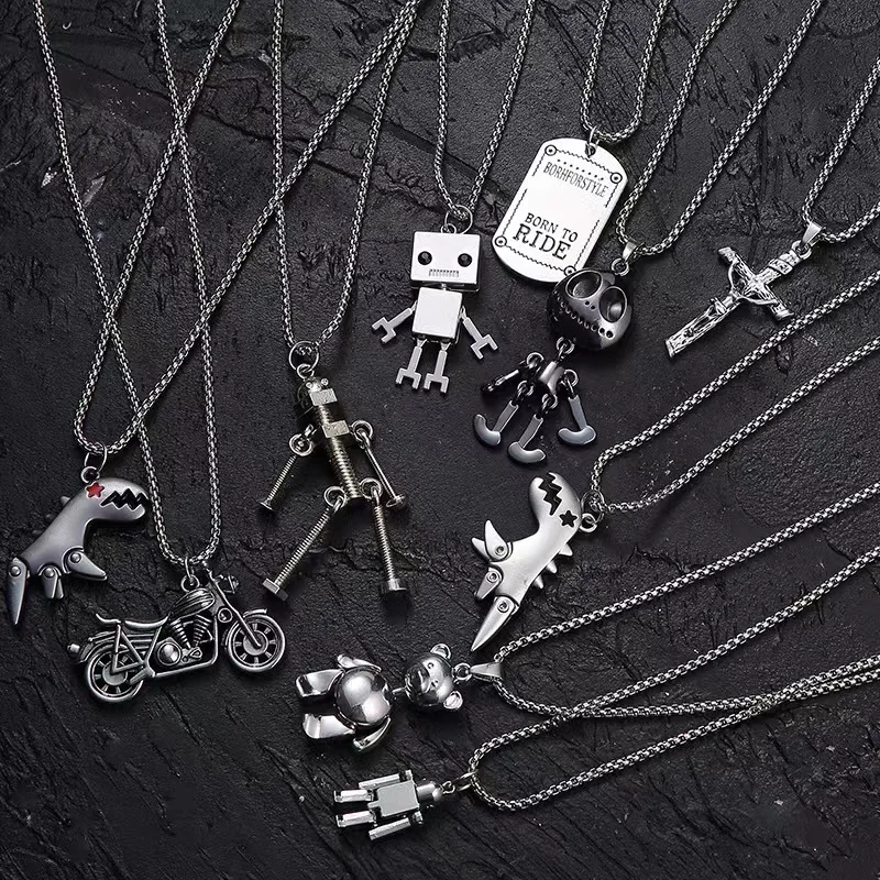 Hot hip hop cartoon cute bear dinosaur robot long stainless steel pendant necklaces for men and women