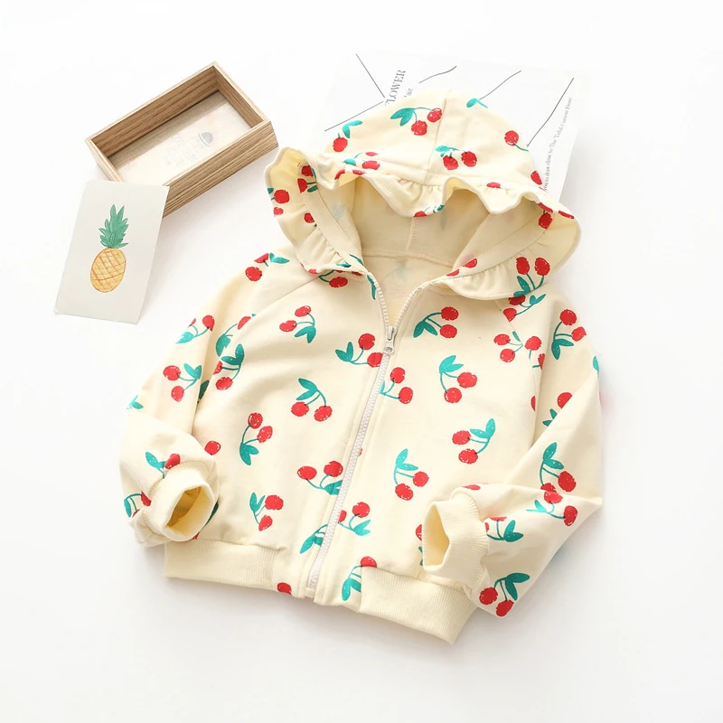 

Babyinstar/Новинка, пальто для маленьких девочек с принтом вишни, детская одежда, куртки для девочек, милые детские толстовки с капюшоном, осення...