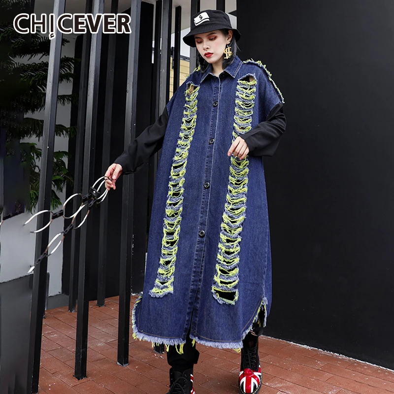 Женская джинсовая куртка CHICEVER оверсайз с длинным рукавом и отложным воротником
