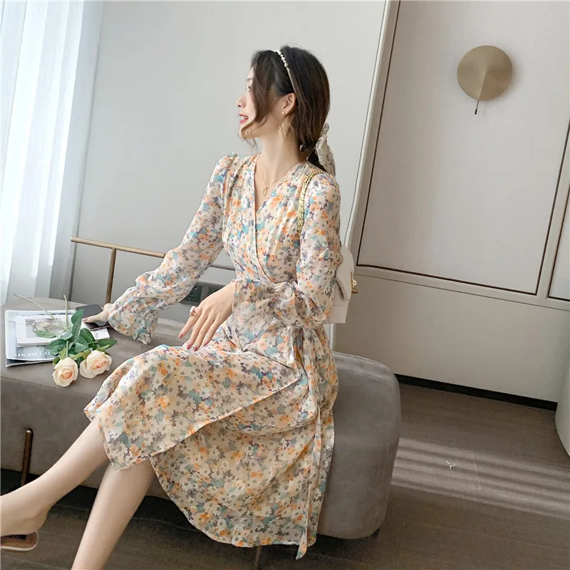 

High Quality Flower Chiffon Dress Shirt Spring V-neck Robe 2021 Bohemian for Girls One Piece Women Long Sleeve Elegant Clothing