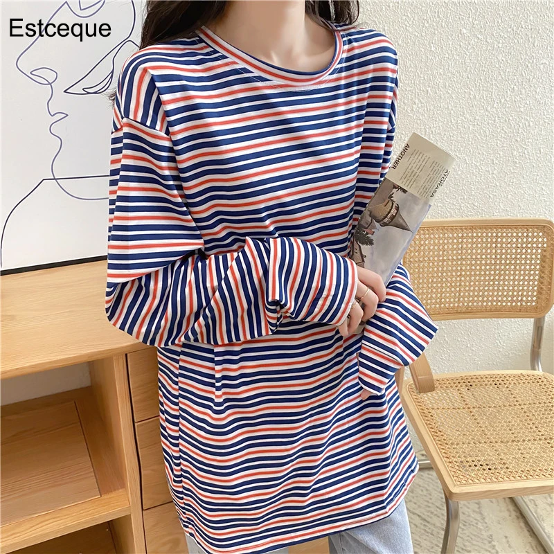 

2020 Purple Striped Long Sleeve Tops For Women Fashion Loose O-neck Long Shirts Female Autumn New Casual Chic Streetwear T-shirt
