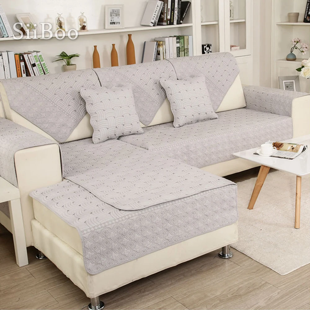 Хлопковый стеганый чехол для дивана с вышивкой в полоску бежевого серого и