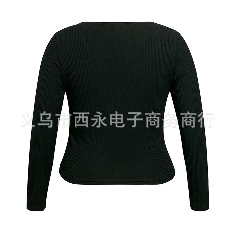 

Spring and Summer New European and American Fashion plus Size Women Long Sleeve Women's Cross Collar Short Top Simple