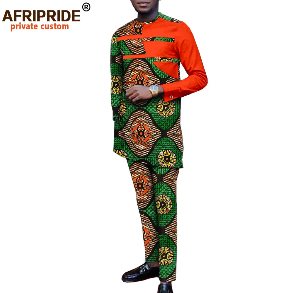 

Afripride Ankara Suit for Men Tailor Made Long Top with Cuff-link +Full Length Pants Men's Cotton Suit A2016007