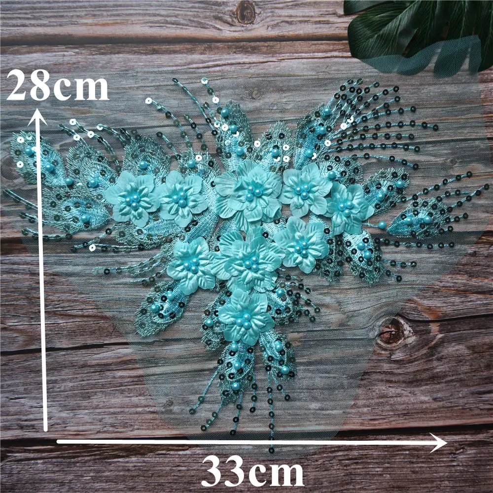 Teal Blue Sequin Tassel 3D Flower Rose Beads Lace Fabric Embroidered Gown Appliques Collar Mesh Sew Patch For Wedding Decoration | Дом и сад