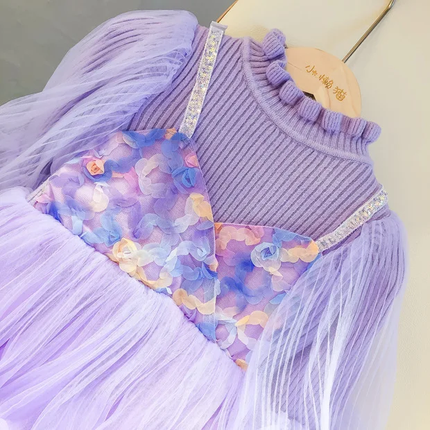 

Girls Sequined fashion princess dress children long sleeve knitting dress kids mesh dress 3-10Y ws1792