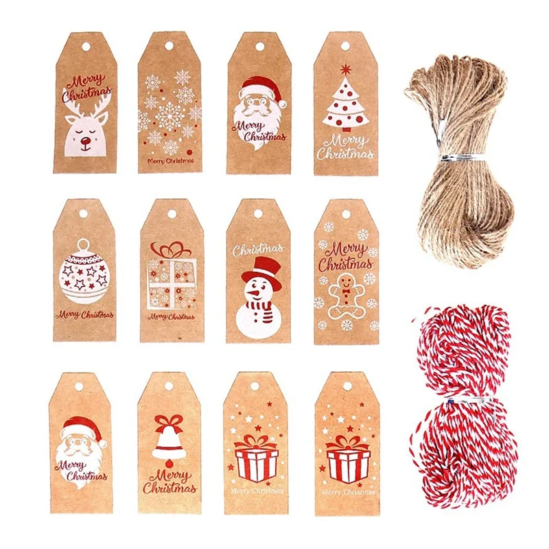 

100Pcs 10 Styles Christmas Kraft Present Gift Tags Hang Labels with 100 Feet Cotton String and Natural Jute String