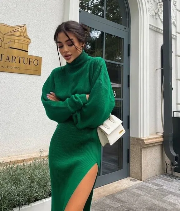 

women two pieces set dress set Elegant fashion Asymmetrical Solid dresses Winter Pullover Turtleneck tops sweater women's set
