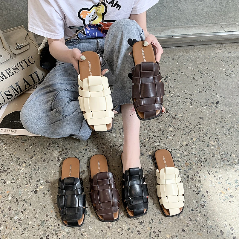 

Shoes Woman 2021 Slippers Summer Shallow Loafers Luxury Slides Pantofle Cover Toe Low Designer New Flat Fashion Rubber PU