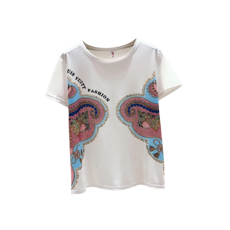 

2021 Summer T-Shirt For Women Short Sleeves O Neck Retro Print Bling Bling Ladies Casual Pullover Tee Tops A3259