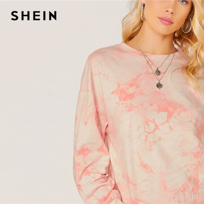 SHEIN Пастельная розовая толстовка с открытыми плечами и галстуком-красителем топы, пуловер для женщин, осенние базовые Женские повседневные толстовки с длинными рукавами
