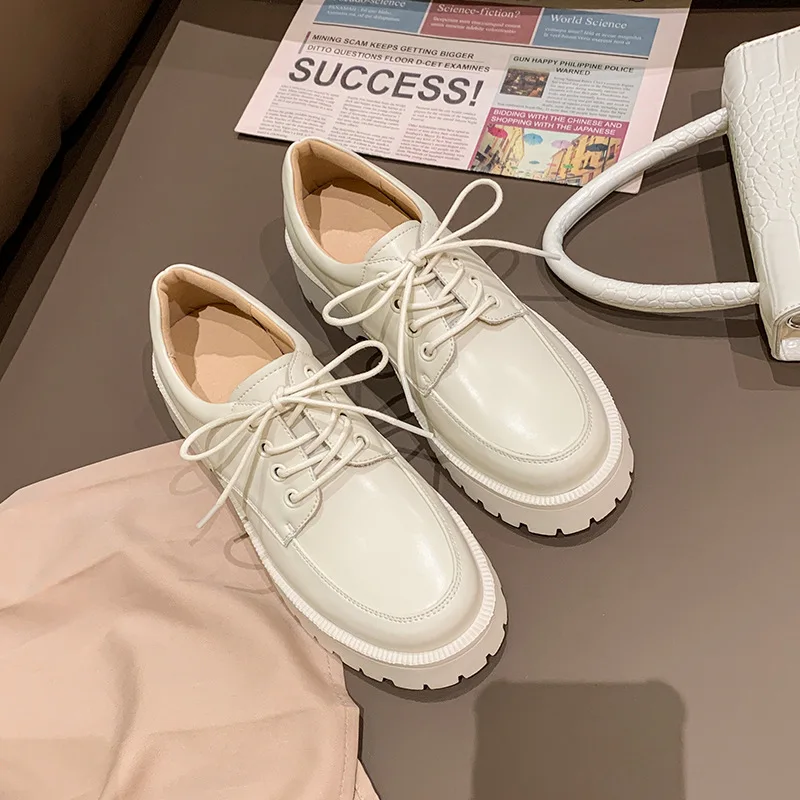 

2021Women Shoes Genuine Leather New Spring British style White Women's loafers Round Toe Casual Platform Shoes Women