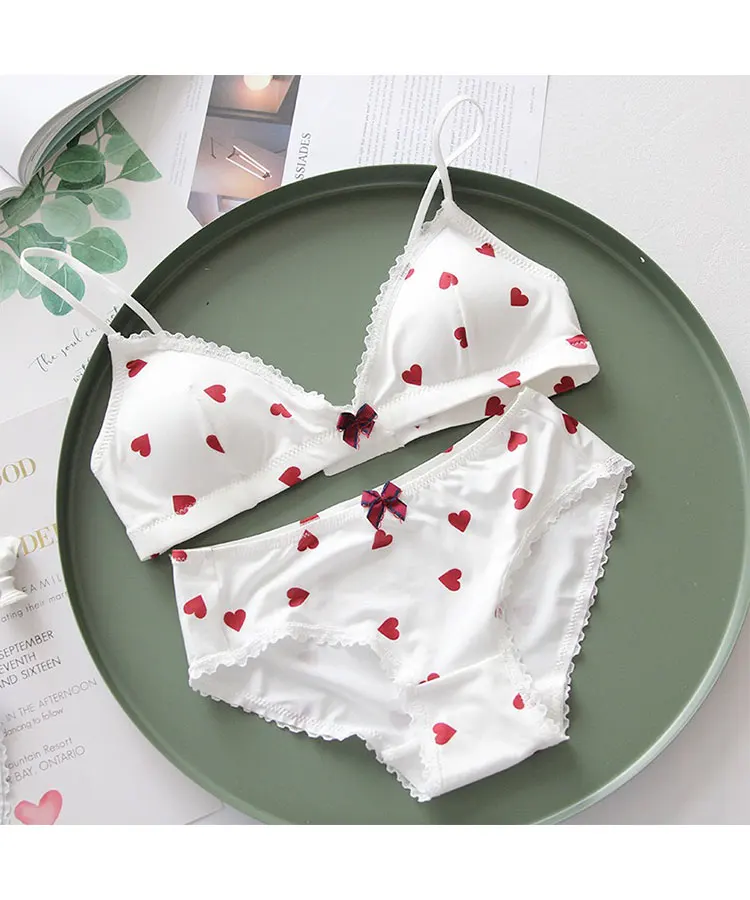 white bra set Wriufred/милое нижнее белье для девочек, комплект одежды с принтом «любовь», свободное белье, тонкие чашечки, удобные, пикантные, кружевные, с милым бантом, бюстгальтер - Цвет: white bra set
