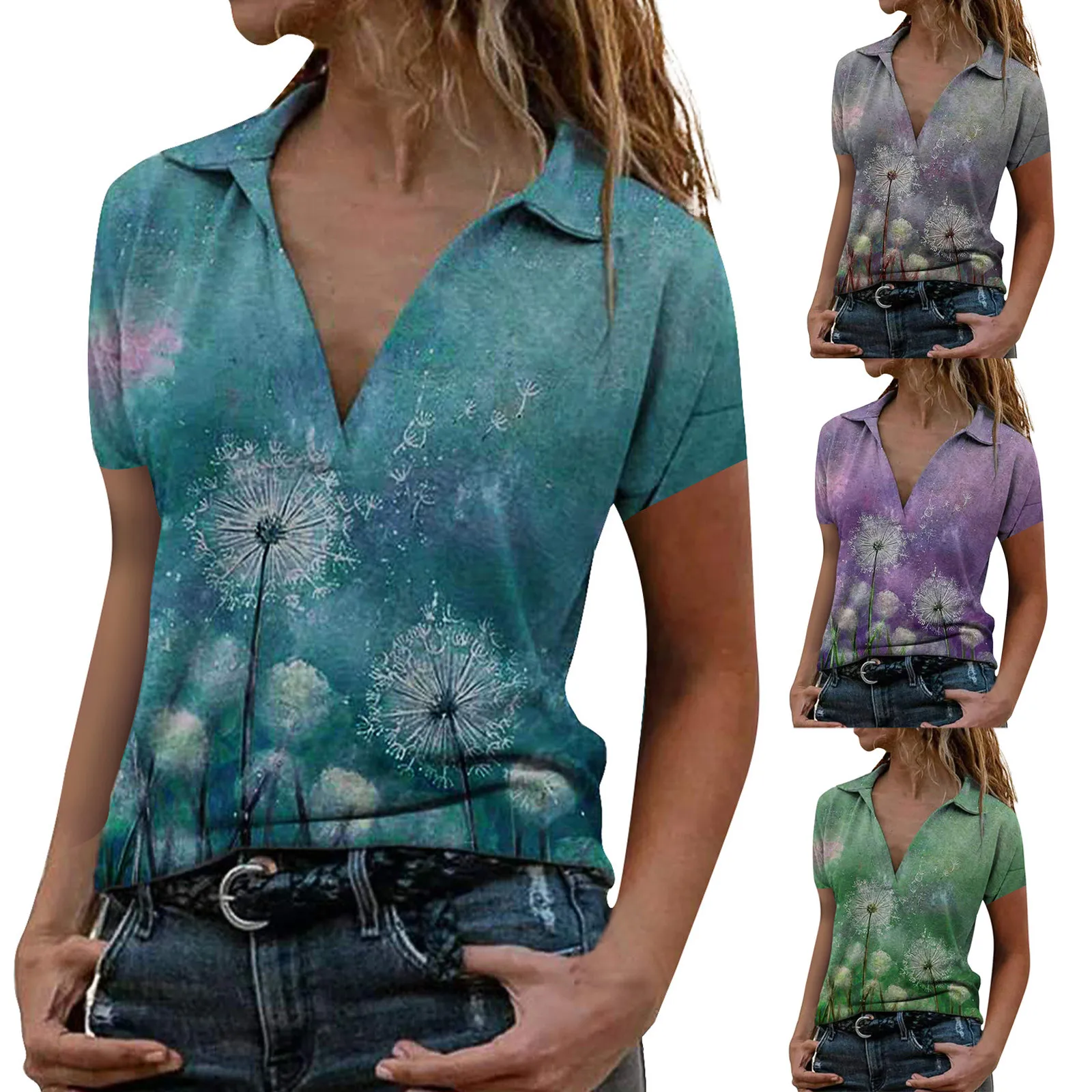 

35# Tops Women Fashion Flowers Print Oversized Blouse Turn Down Collar V-neck Short Sleeve Pullover Woman camisetas de mujer
