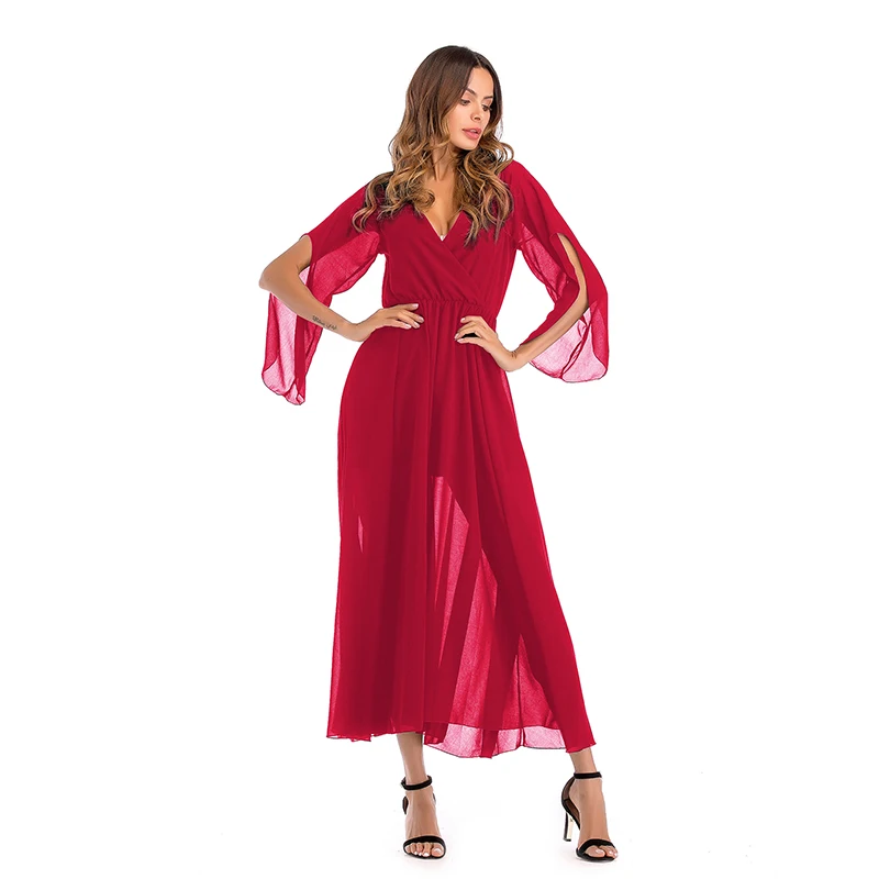 

2020 dress women's fashion sexy spring and summer models new deep V leader split chiffon swing dress