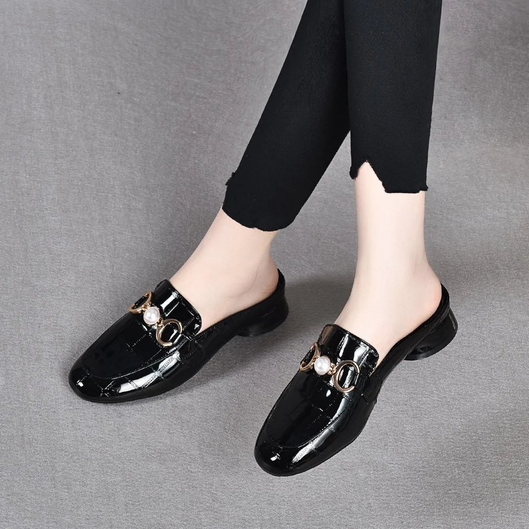 

Meishilu Women Cow Leather Loafers Gingham Round Toe Mules Slip-on Casual Ladies Outwear Walk Flat Shoes