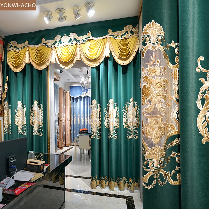 

Custom curtains elegant European living room luxury flannel hollow velvet green cloth blackout curtain tulle valance drape B829