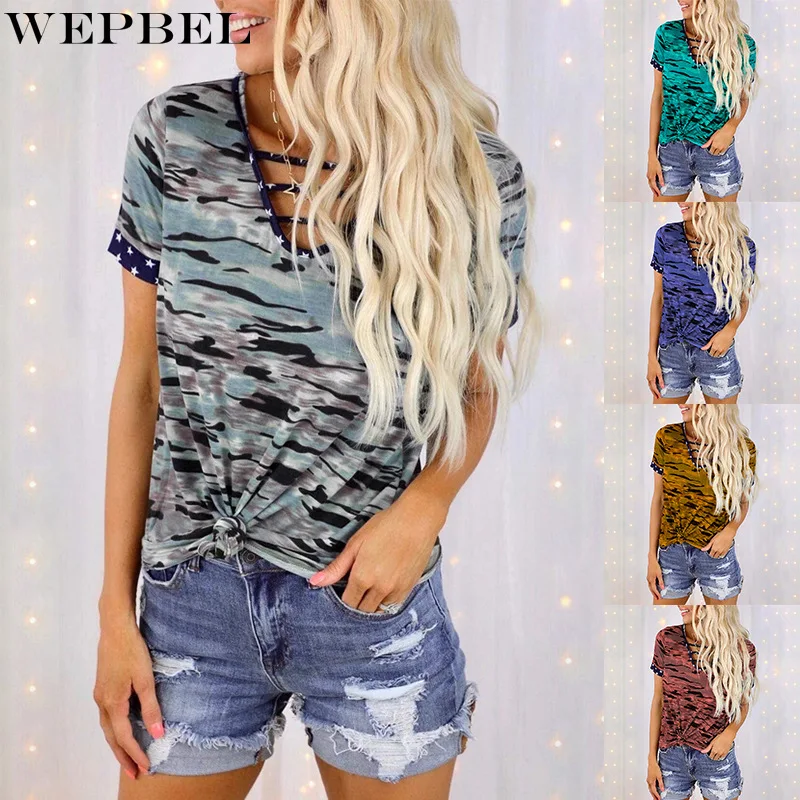 

WEPBEL Women Summer Print Loose Shirt Top Ladies Elegant Fashion Short Sleeve V Neck Bandage T-shirt