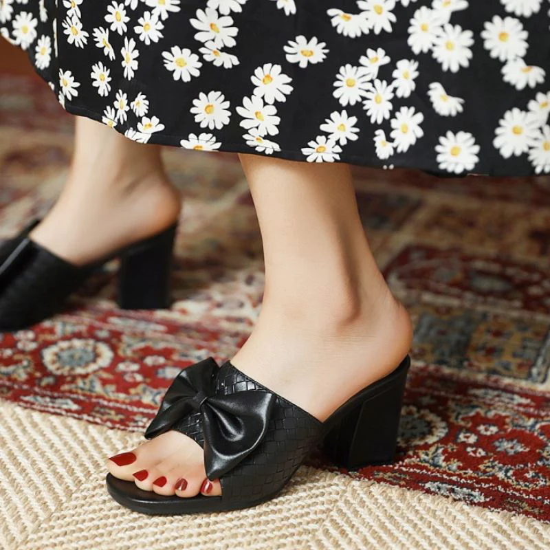 

Taoffen Size 32-45 2021 Women Fashion Slippers Bowtie Chunky Heels Solid Color Sweet Ladies Footwear Outdoor Summer Fashion