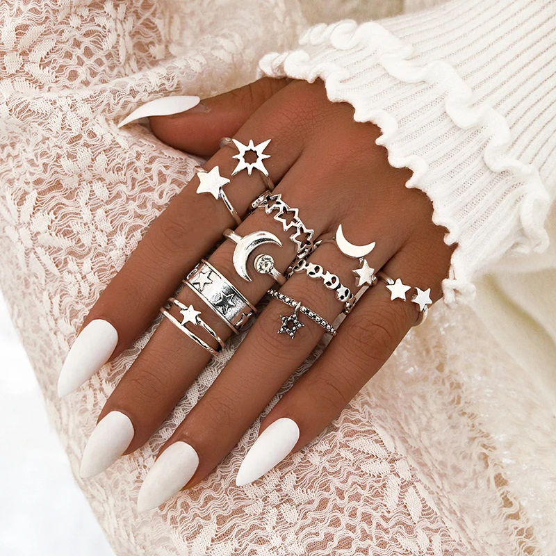 

Aprilwell 10 PCs Vintage Silver Rings For Women 2021 Aesthetic Retro Trendy Clothing Jewelry Sets Gift On sale Free Shipping