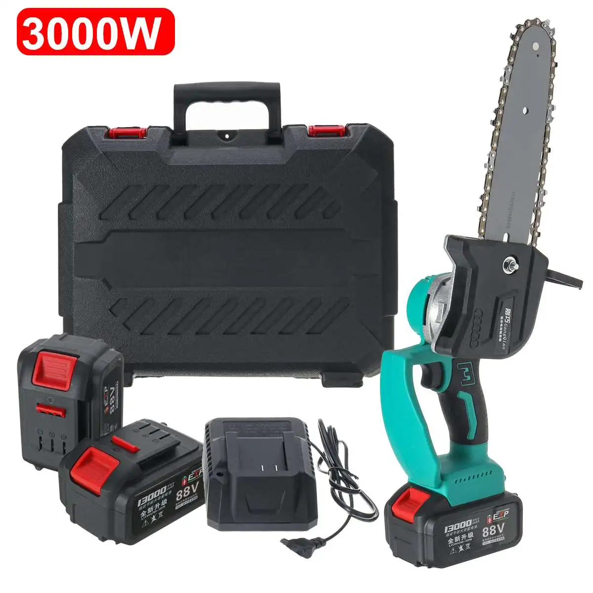 Drillpro 3000W 88V 10 Inch Rechargeable Electric Saw Chainsaw with 2Pcs 13000mah Battery Brushless Motor Wood Cutter Power Tool