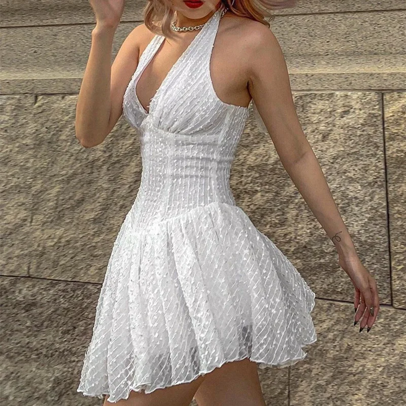 

Women Summer Dress Sexy V-neck Halter Halter Dress Sweet Mesh Female Mesh Tight Dress Y2K Aesthetic Halter Patchwork Mini Dress