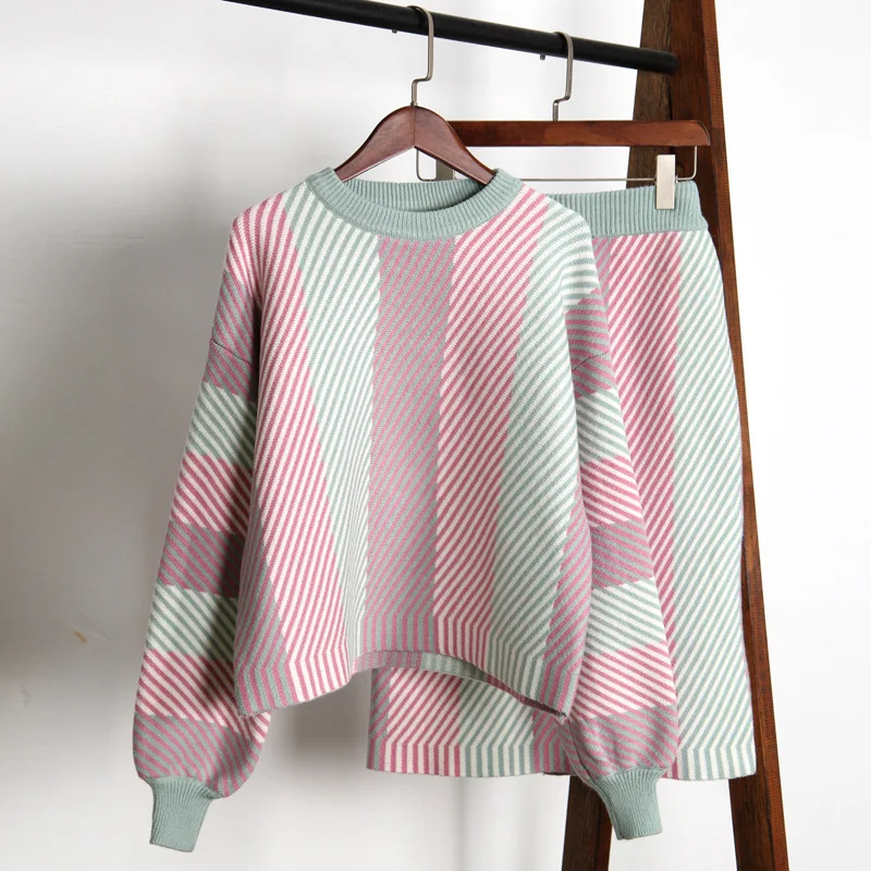 

Winter Women Sets Sweater And Pullovers Women Skirts Striped Bodycon Skirt Kintted Two Piece Sets Outfits Plus Size Streetwear