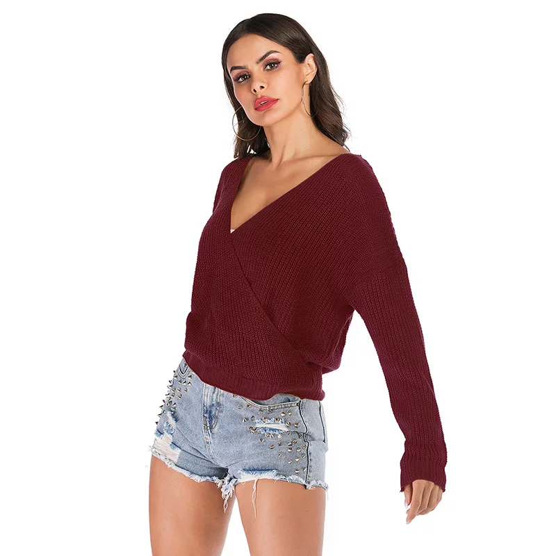 

Womens Sexy Deep V-neck Sweater Yellow Burgundy Loose Batwing Sleeve Jumper Pullovers Women Loose Backless Knitted Top Clothing