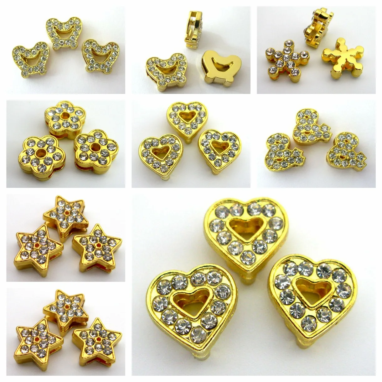 

10pcs/lot Gold Color Crystal Heart Internal Dia 8mm Slide Charm DIY Accessories Fit 8mm Wide Belt Pet Collar