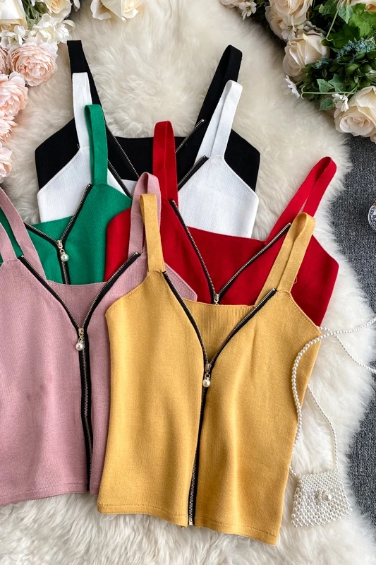 

ZOSOL Knitwear Camisole Women's 2020 New Style Zipper V-neck Western Style Short Top Fashion Outer Wear