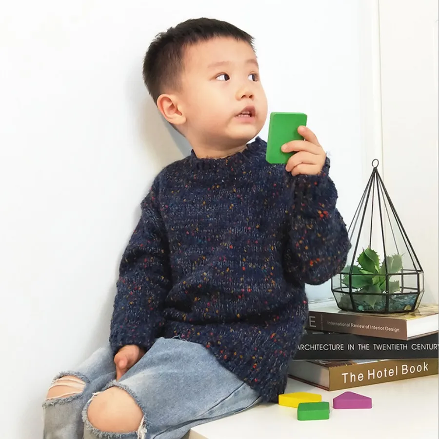 Navy blue Зимний детский шерстяной свитер для мальчиков и девочек, корейский вязаный теплый свитер для мальчиков и девочек, пальто, детская блузка, одежда - Цвет: Navy blue