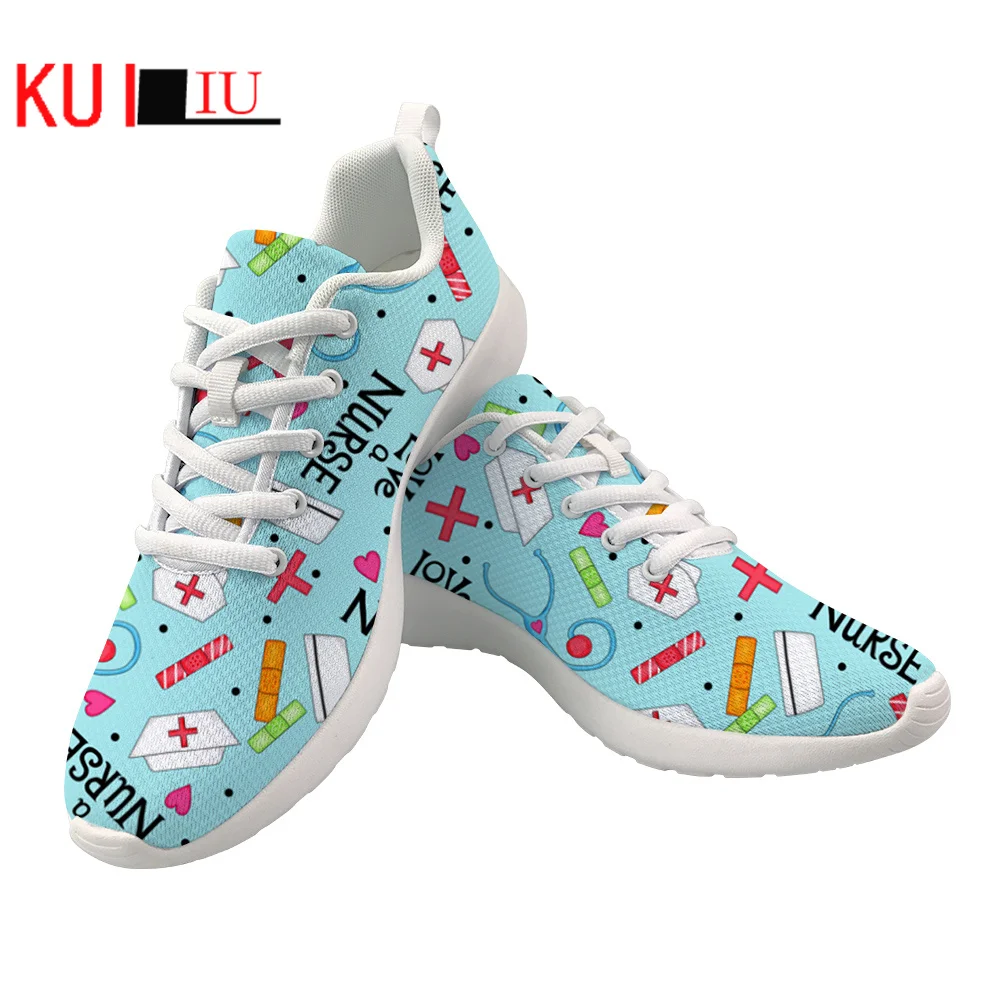 

KUILIU Breathable Women Nurse Flat Shoes Premium Sketch Print Brand Design Female Lace Up Nursing Footwear Dropshipping