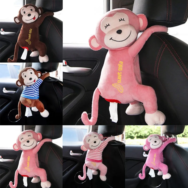 

For Monkey Doll Car Seat Back Hanging Tissue Holder Paper Box Plush Box Container Towel Paper Organizer Case Car Interior Trim