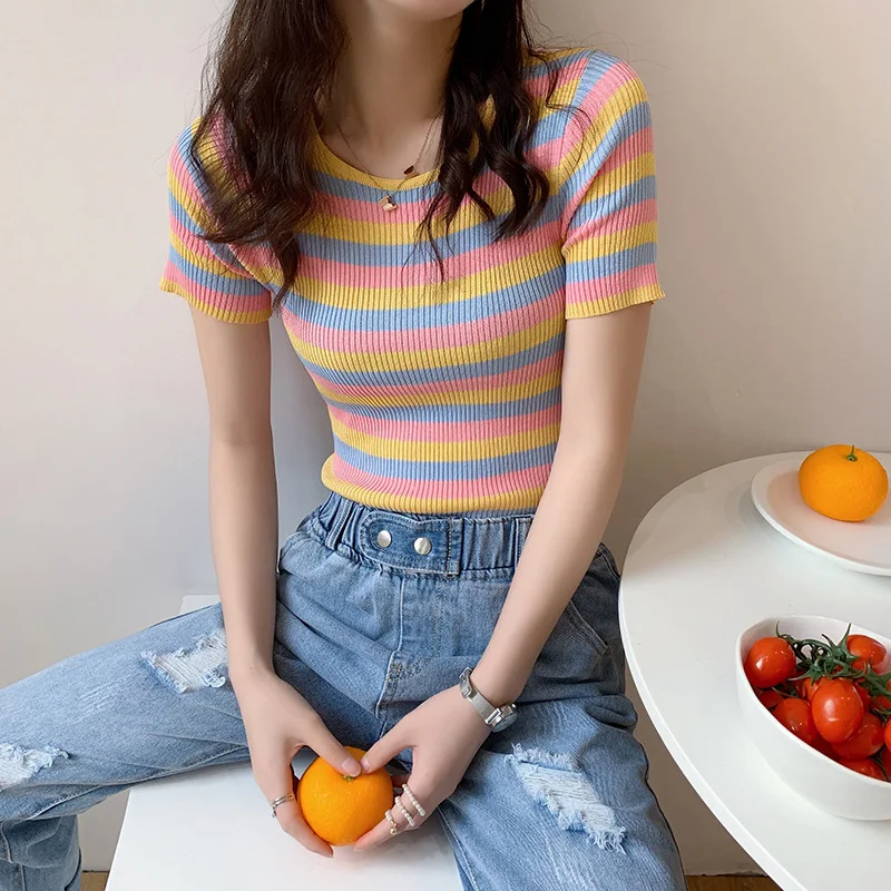 

Polyester Tee Shirt Women Clothing Top Summer Striped Short T Shirts Women O-Neck Short Sleeves Harajuku Slim Blouse Woman