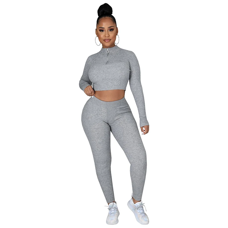 

Fashion Solid Screw Thread Sports 2 Piece Set Zipper Long Sleeve Top Elastic Waist Slim Trousers Casual Autumn Lady Tracksuit