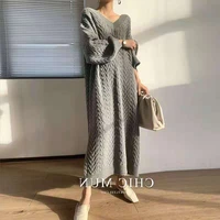 new autumn winter korean casual thicken v neck knit women dress vintage long sleeve loose twisted female sweater dress vestidos